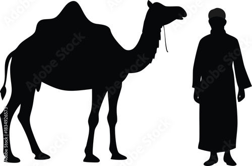 A striking silhouette depicts a camel and a traditionally dressed man in profile