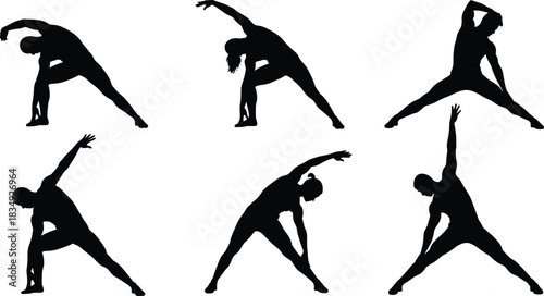 Silhouette of people doing stretching exercise, yoga triangle pose, side bend fitness workout, flexibility and balance training illustration