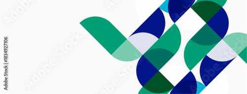 Abstract geometric shapes overlap, creating dynamic visual pattern. Greens, blues, whites dominate composition. Modern design element.