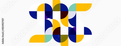 Abstract geometric design. Circles, arcs, overlapping shapes create complex pattern. Yellows, blues, greens dominate composition. Modern aesthetic.