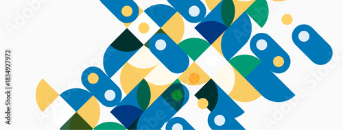 Abstract geometric shapes overlap, creating dynamic composition. Blue, green, yellow hues dominate design. Modern aesthetic.