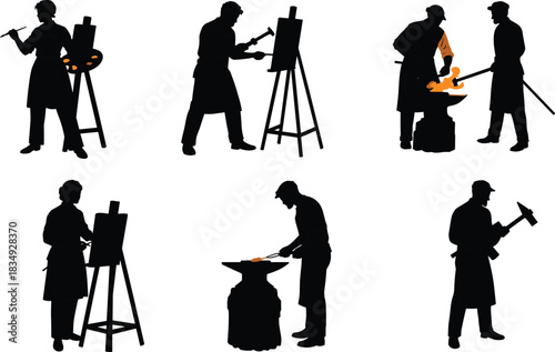 Silhouettes of artists painting on easels and blacksmiths forging metal, illustrating creative craftsmanship, manual labor, and traditional workshop activities for design projects