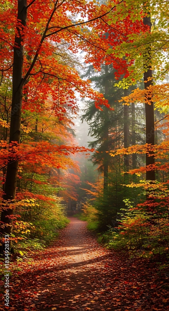 Obraz premium Forest path bathed in autumn sunlight reveals vibrant foliage and fallen leaves.
