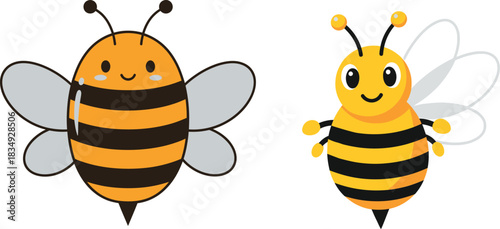 Two cute cartoon bees honeybee illustration with smiling faces and wings