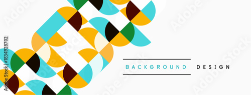 Abstract geometric pattern. Overlapping squares, circles create modern design. Background features warm, cool tones. Simple text reads background design.