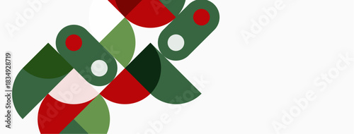 Abstract shapes overlap, creating dynamic composition. Red, green, white hues dominate design. Minimalist aesthetic, modern feel.