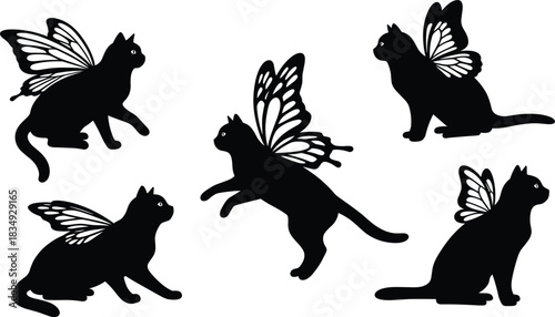 Silhouettes of fantasy cats with butterfly wings, magical feline creatures flying and sitting, fairy tale animal design for fantasy art illustration