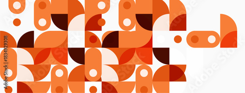 Abstract geometric pattern. Orange, brown tones dominate composition. Shapes overlap creating midcentury modern aesthetic.