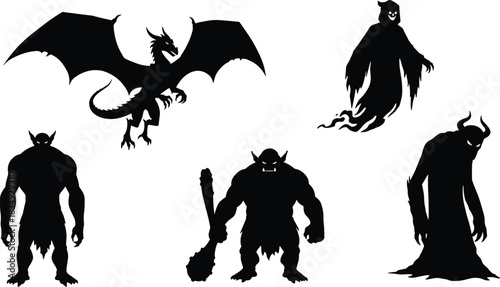 Silhouettes of mythical fantasy creatures including dragon, ghost, troll, and horned monsters, representing dark mythical legends, powerful beasts, and supernatural fantasy themes