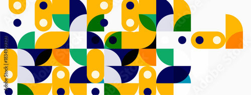 Abstract geometric pattern. Shapes overlap, creating vibrant composition. Colors include yellow, blue, green, orange, white. Modern design.