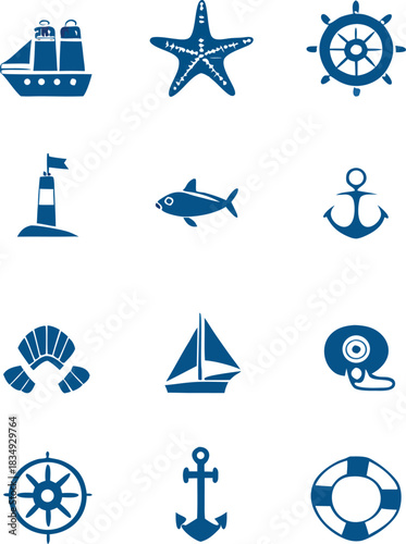 Nautical themed icons featuring ships sea life and navigational instruments displayed graphically