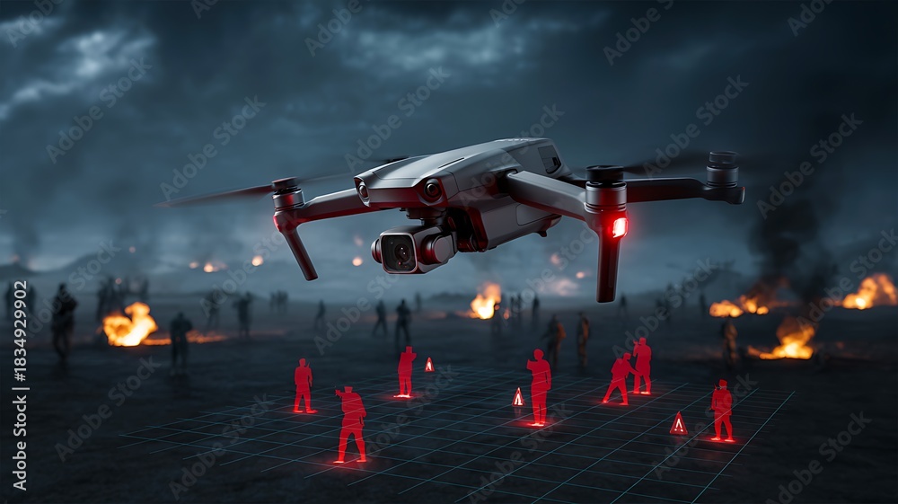 Naklejka premium Military combat drone operation in battlefield environment 