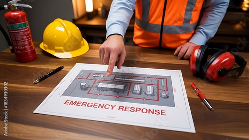 Emergency response plan with safety gear and industrial risk diagram on table
