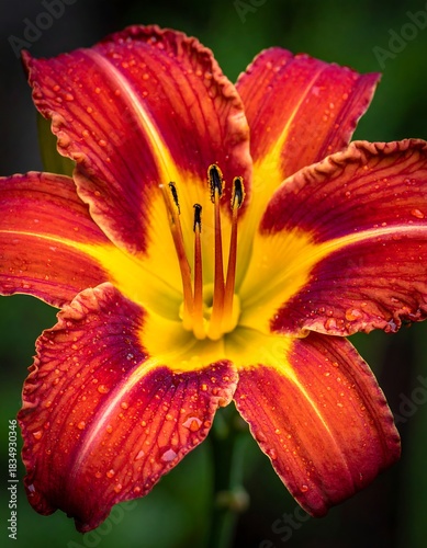 Close-up of a vibrant flower, featuring red petals with yellow accents and water droplets. The pistils are prominent