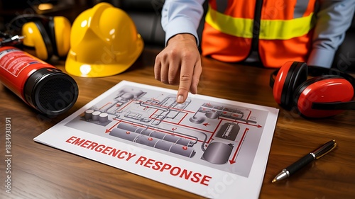 Emergency response plan with safety gear and industrial risk diagram on table
