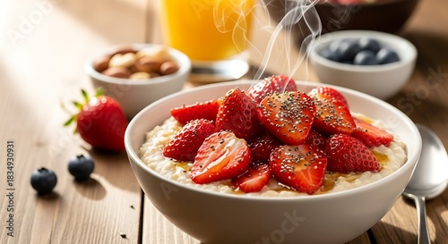 Hot oatmeal with fresh strawberries and chia seeds is served.