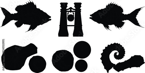 Steampunk marine illustration featuring mechanical fish, binoculars, seahorse, and coins, creative underwater fantasy artwork with detailed vintage industrial design elements