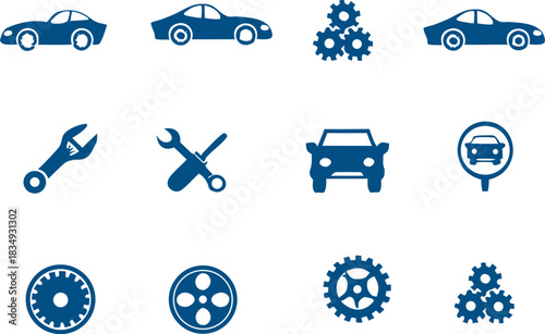 A collection of blue automotive icons depicting cars tools and car parts