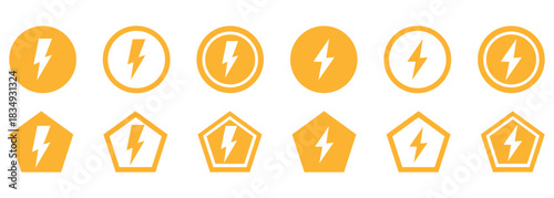 High Voltage Electrical Hazard Warning Signs Set. Warning triangle sign set vector. Power, Energy, and Speed Symbols. Variety of lightning bolt icons indicating electric.