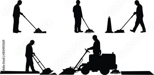 Street cleaning workers operating manual and machine sweepers, road maintenance and sanitation process, urban cleaning service and hygiene management, vector illustration