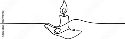 One continuous line drawing of a human hand gently holding a burning candle in the dark