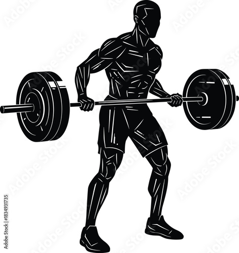 Strong muscular athlete lifting heavy barbell, fitness training, bodybuilding workout strength exercise silhouette for gym, motivation, sports and health inspiration