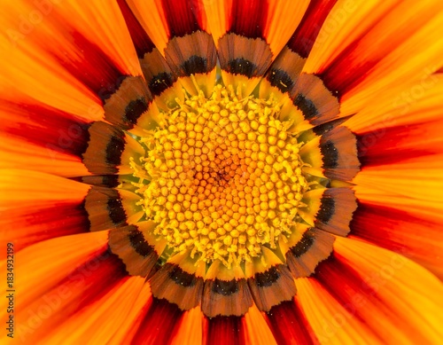 Close-up of a vibrant flower's center, showcasing intricate details of petals and pollen. Warm colors and radial symmetry create a captivating visual