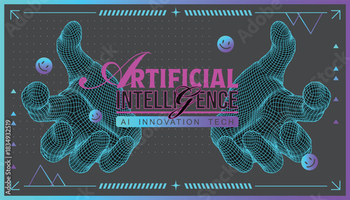 Artificial Intelligence AI innovation banner with cyan wireframe hands and neon typography in trendy Acid Graphics Y2K style. Futuristic cyberpunk 3D mesh background for digital technology concept