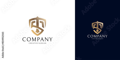 Gold Shield Logo Monogram TS Security Protection Company Design Template