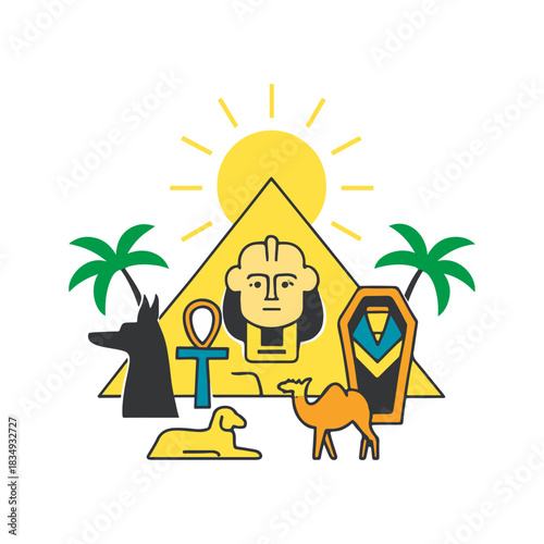 Ancient Egypt Travel Icons Sphinx Pyramid and Sun Illustration