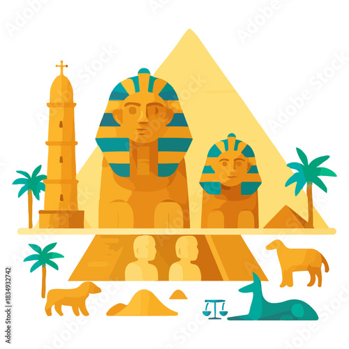 Ancient Egypt Landmarks Sphinx Pyramid and Temples Illustration