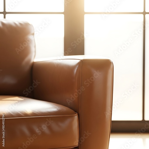 Warm sunlight illuminates a comfortable leather armchair indoors.