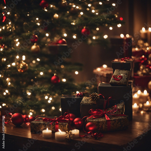 Luxury Wrapped Christmas Gifts on Wooden Table with Bokeh Lights and Lit Candles - Aesthetic holiday scene with dark, elegant presents, red ribbons, and a softly lit Christmas tree background.