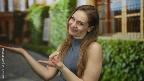 Free Download Young caucasian woman with open palms gestures by a vine covered home entrance on a sunny cobblestone street; invitation. - GFXLoad