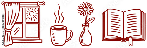 Cozy Morning Scene Window, Coffee, Flower, and Book Icons