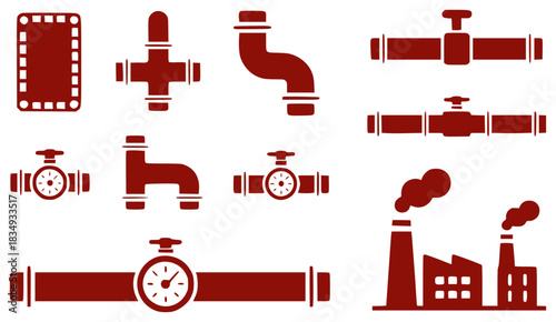 Industrial Pipe Fittings, Valves, and Factory Icons in Red