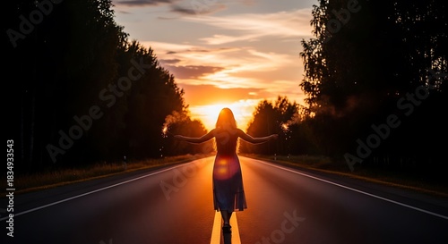Woman walks down empty road towards sunset with arms outstretched.