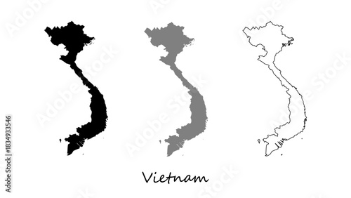 Vietnam Map Set Vector on Silhouette, Gray, and Outline Illustration. Suitable for educational materials, geography projects, infographics, travel guides, presentations, and digital design