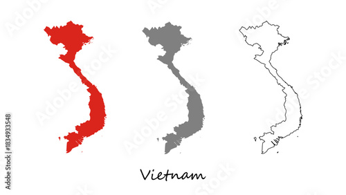 Vietnam Map Set Vector on Red, Gray, and Outline Illustration. Suitable for educational materials, geography projects, infographics, travel guides, presentations, and digital design