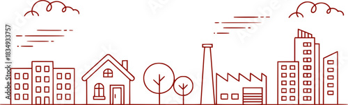 Simple Line Art Cityscape with Houses, Factories, and Skyscrapers