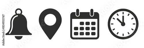Icons of notification bell, location pin, calendar, and clock isolated on white background