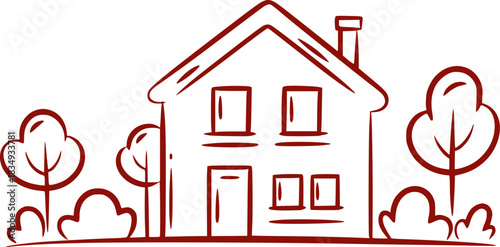 Simple Red Line Art House with Trees and Bushes Illustration