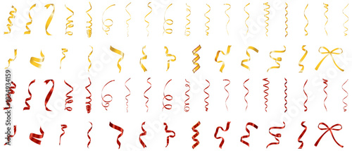 Red, Yellow realistic decorative ribbon collection. Holiday gift decoration, Valentine present, shiny sale ribbons set. Vector illustration Christmas decorative ribbon for gifts on white background