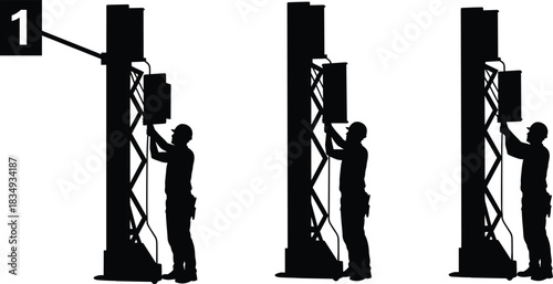 Telecommunication tower maintenance workers installing signal equipment, engineers setting up cellular antennas, network technology upgrade and communication system installation