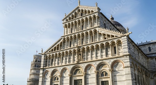 Historic cathedral and leaning tower rise against a blue sky.