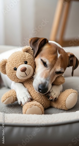 A small canine snuggles a stuffed animal indoors. The dog, white with brown markings, cuddles a brown teddy bear. It lies peacefully