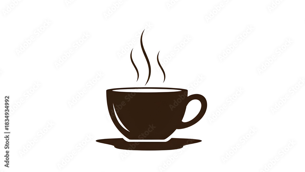 Fototapeta premium Minimalist coffee cup icon with steam, brown ceramic mug on saucer, hot beverage symbol for cafe branding and restaurant menus isolated PNG with Transparent Background