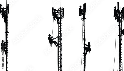 Telecommunication tower workers performing antenna maintenance using climbing safety harness equipment on high steel structures in communication network infrastructure installation