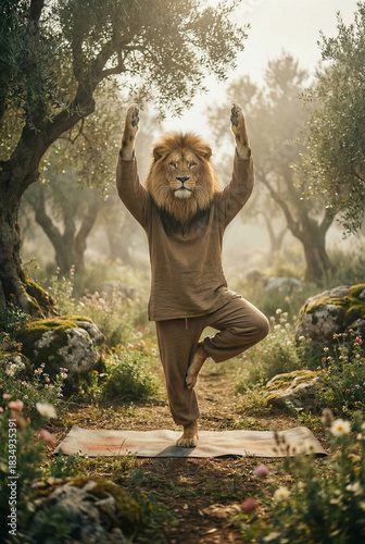 lion doing yoga surrounded by beautiful nature