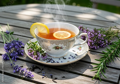 Steaming cup of herbal tea with lemon and flowers on wooden table.